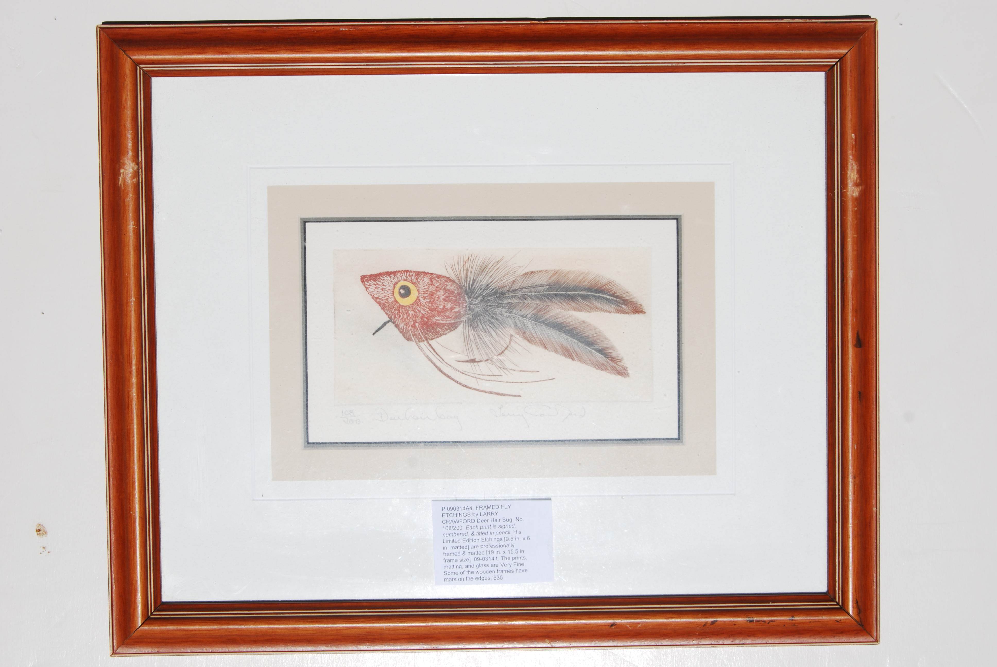 FRAMED FLY ETCHINGS by LARRY CRAWFORD Deer Hair Bug. Image for FRAMED FLY ETCHINGS by LARRY CRAWFORD Deer Hair Bug.